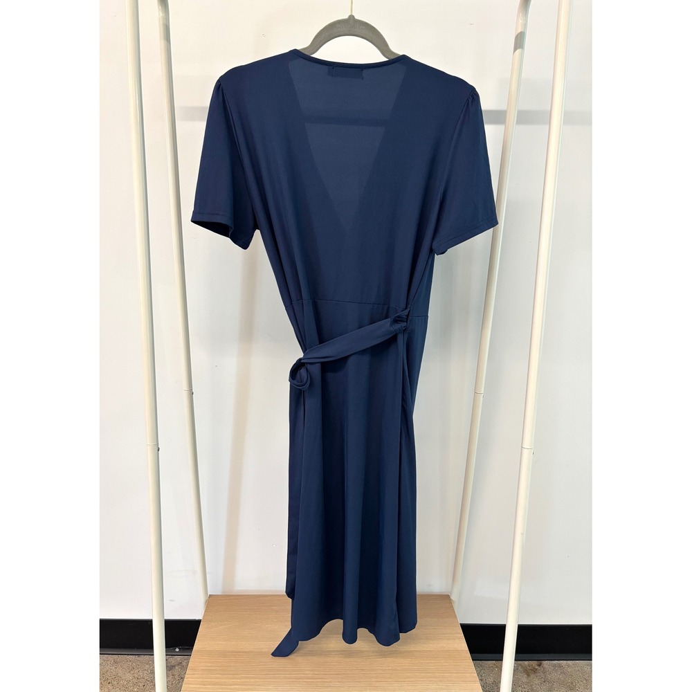 Wedtrend Navy Blue Wrap Dress V-Neck Short Sleeve Ribbed Midi Cocktail Dress L - Picture 2 of 4